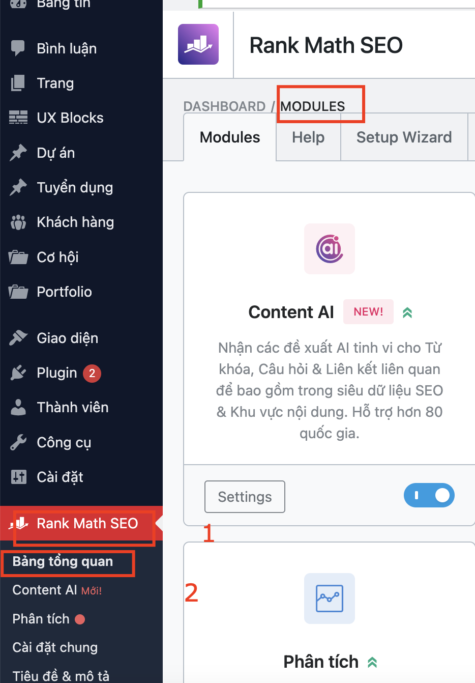 Rank Math > Dashboard > Modules