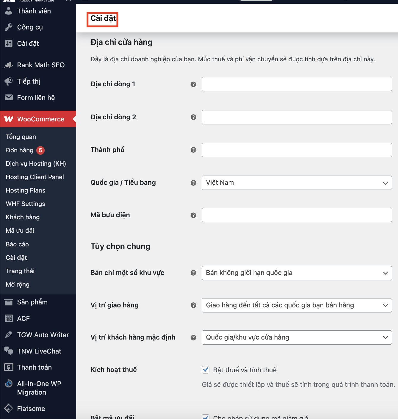 Cấu hình ban đầu cho WooCommerce