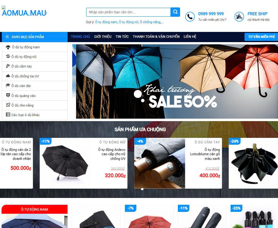 Mẫu giao diện website áo mưa dù