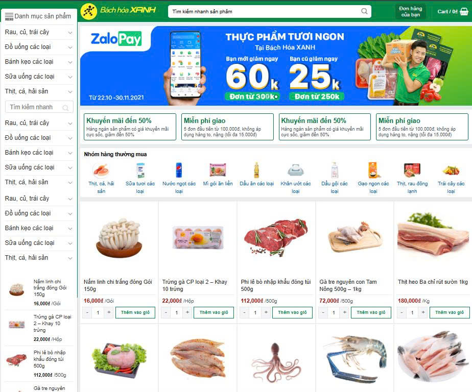 Mẫu giao diện website Bách Hóa Xanh